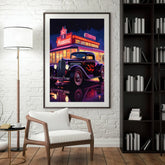 Retro car neon cityscape canvas wall art painting

