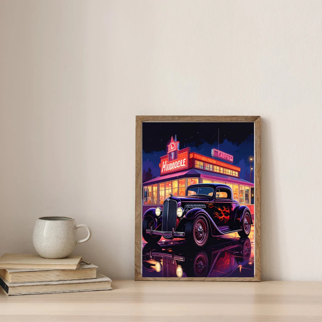 Vintage neon retro car city wall art canvas
