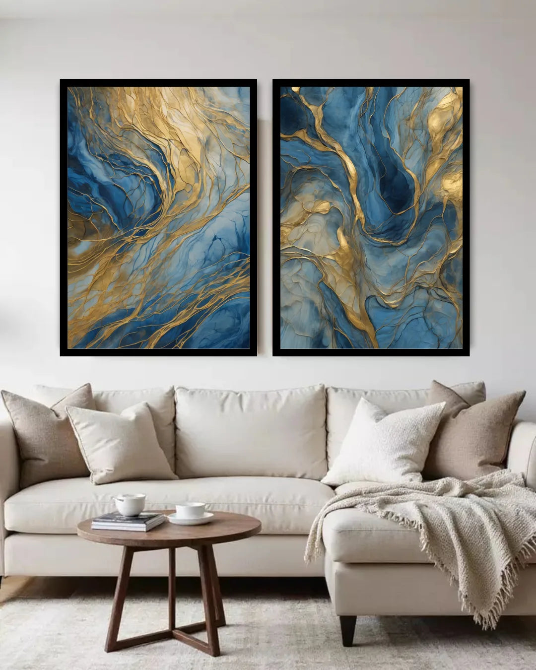Blue Gold Fluid - Set Of 2 - Wall Art Canvas