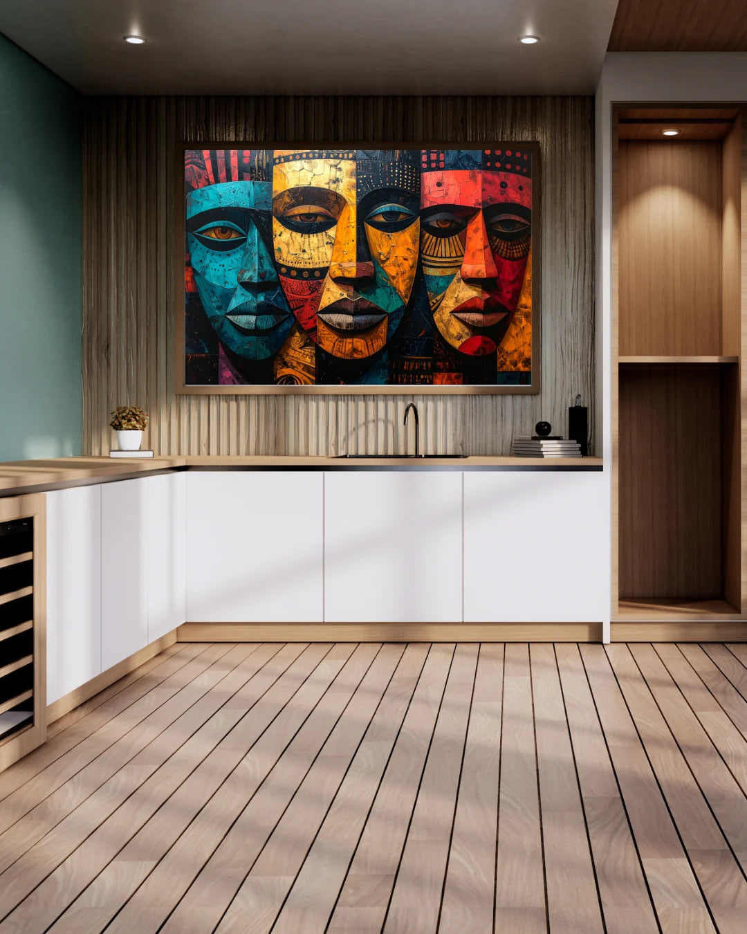 Modern colorful abstract faces wall art painting for contemporary interior decor
