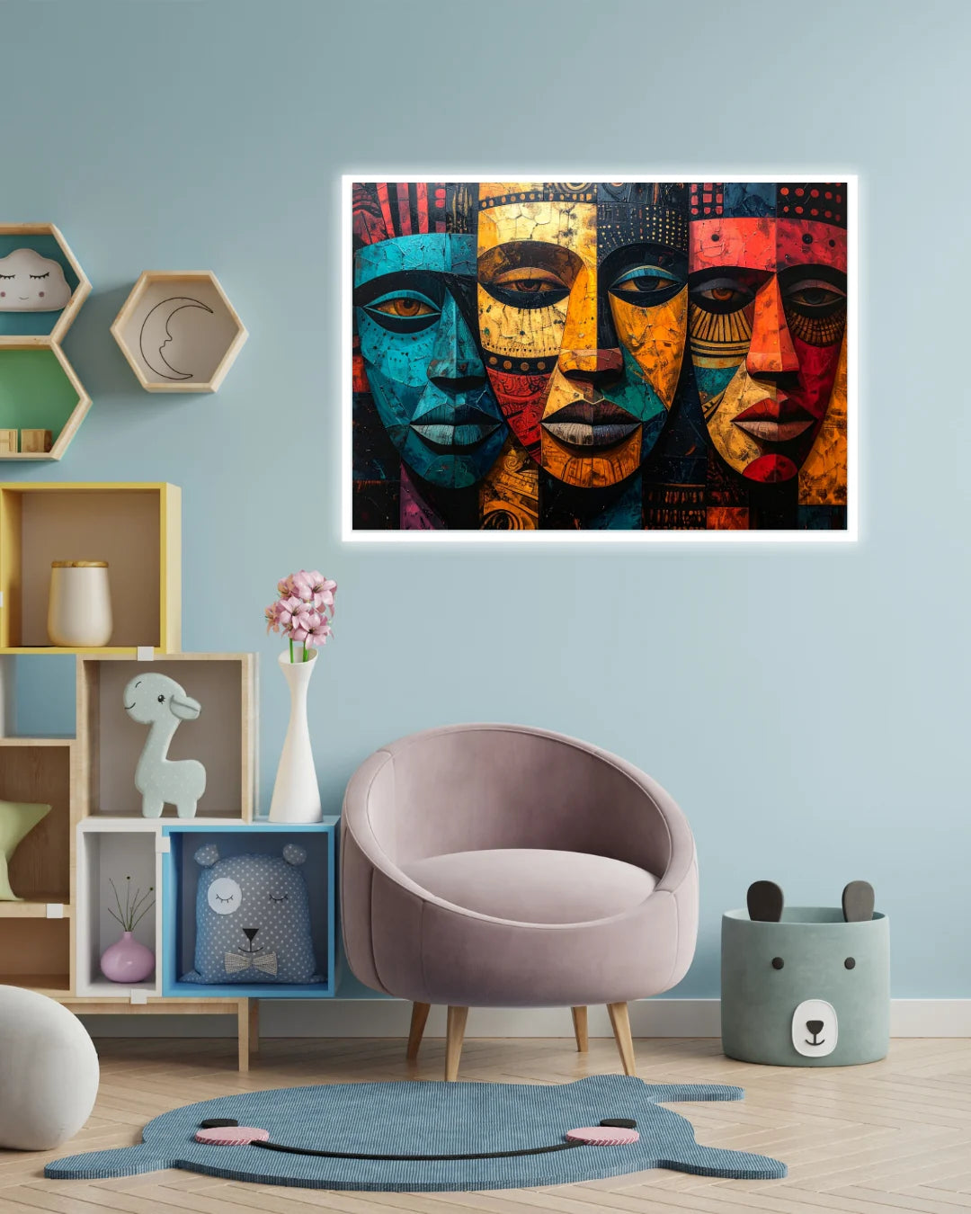 Colorful abstract human faces wall art for modern creative room decor
