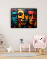 Abstract multi face portrait wall painting with vibrant colors
