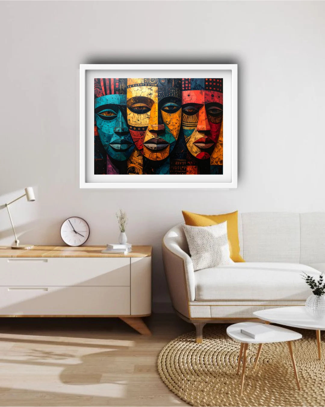 Modern abstract faces wall art painting for stylish living room interior
