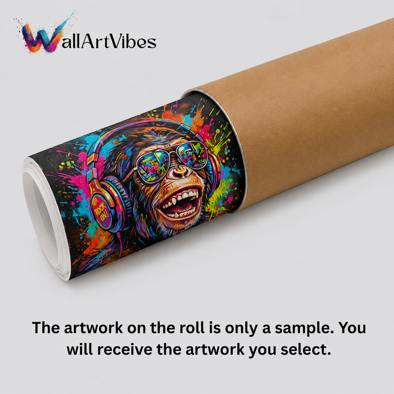 A rolled sheet of wall art or poster paper on a light gray background, showing a colorful printed design of a smiling monkey wearing headphones. The roll itself is brown kraft paper, and text at the bottom says the artwork on the roll is only a sample.