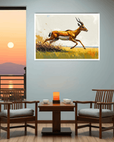 Dining room with a painting of a running antelope on the wall