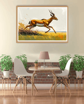 Dining room with a painting of a running antelope on the wall