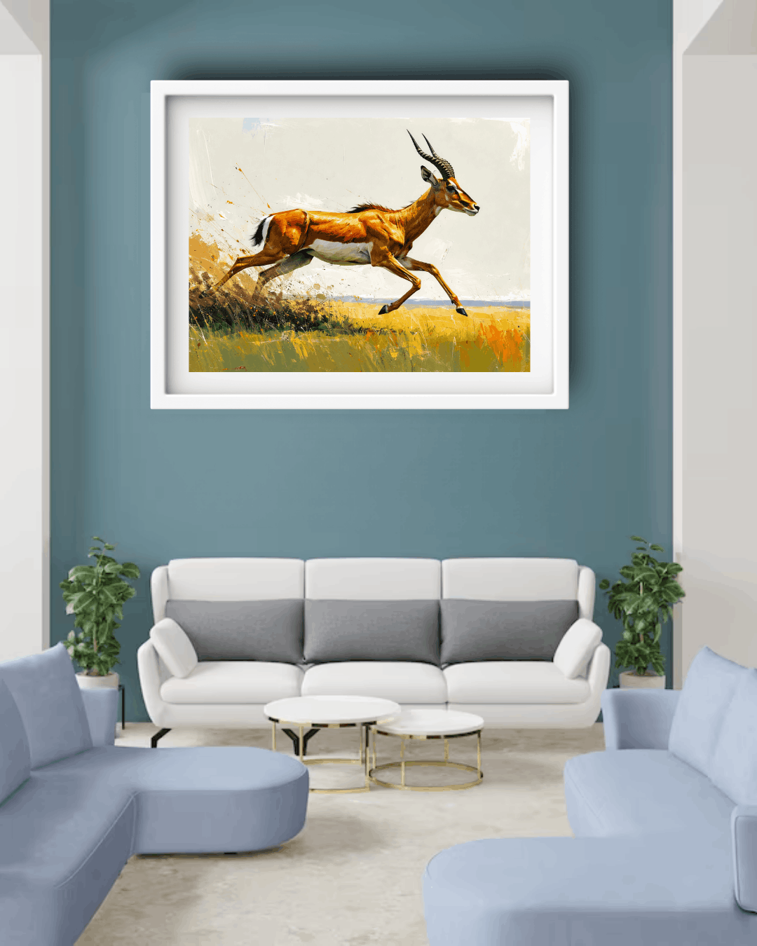 Living room with a painting of a running antelope on a blue wall.