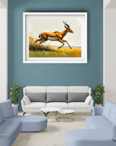 Living room with a painting of a running antelope on a blue wall.