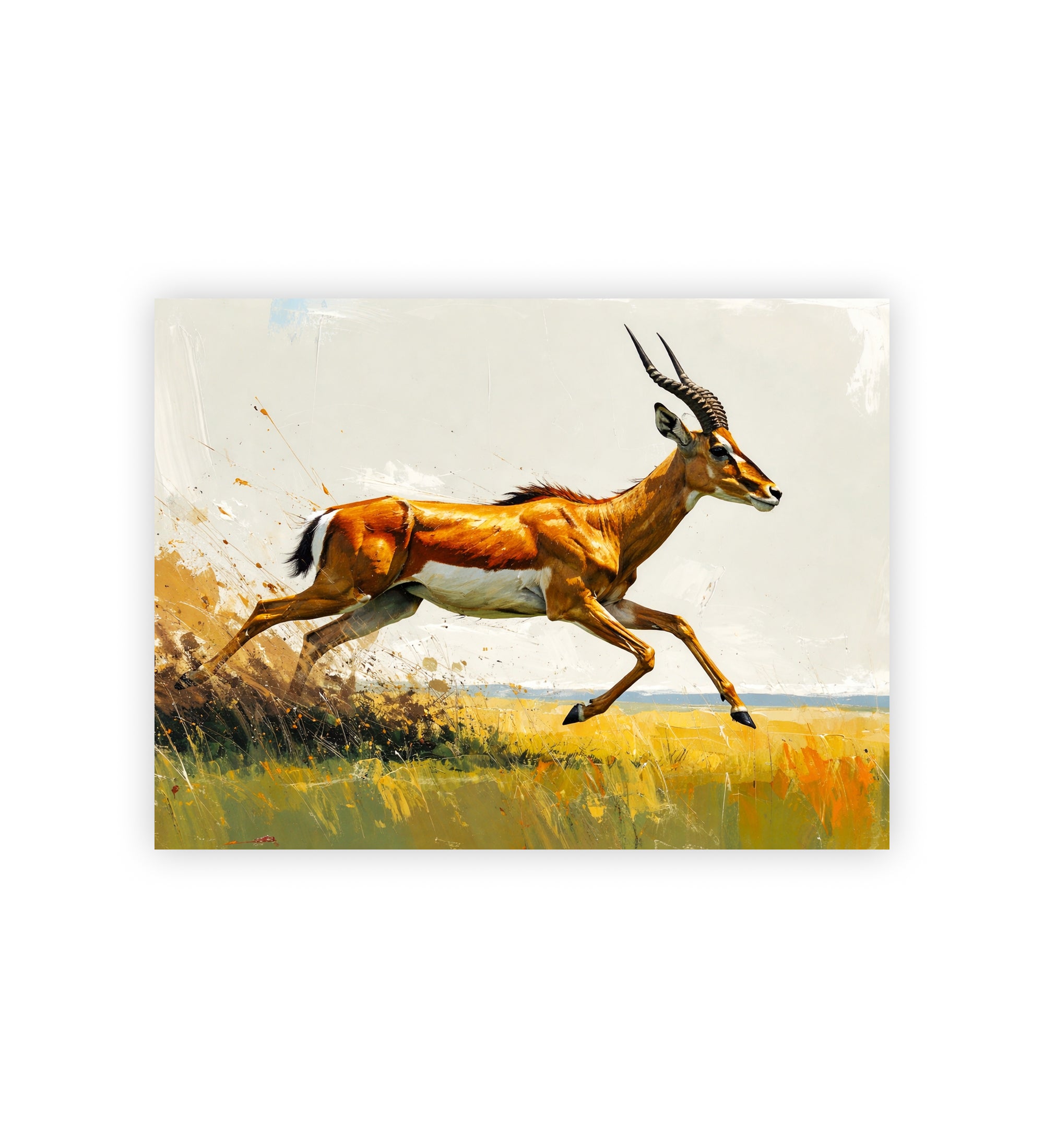Painting of a gazelle running in a grassy field with a blue sky.