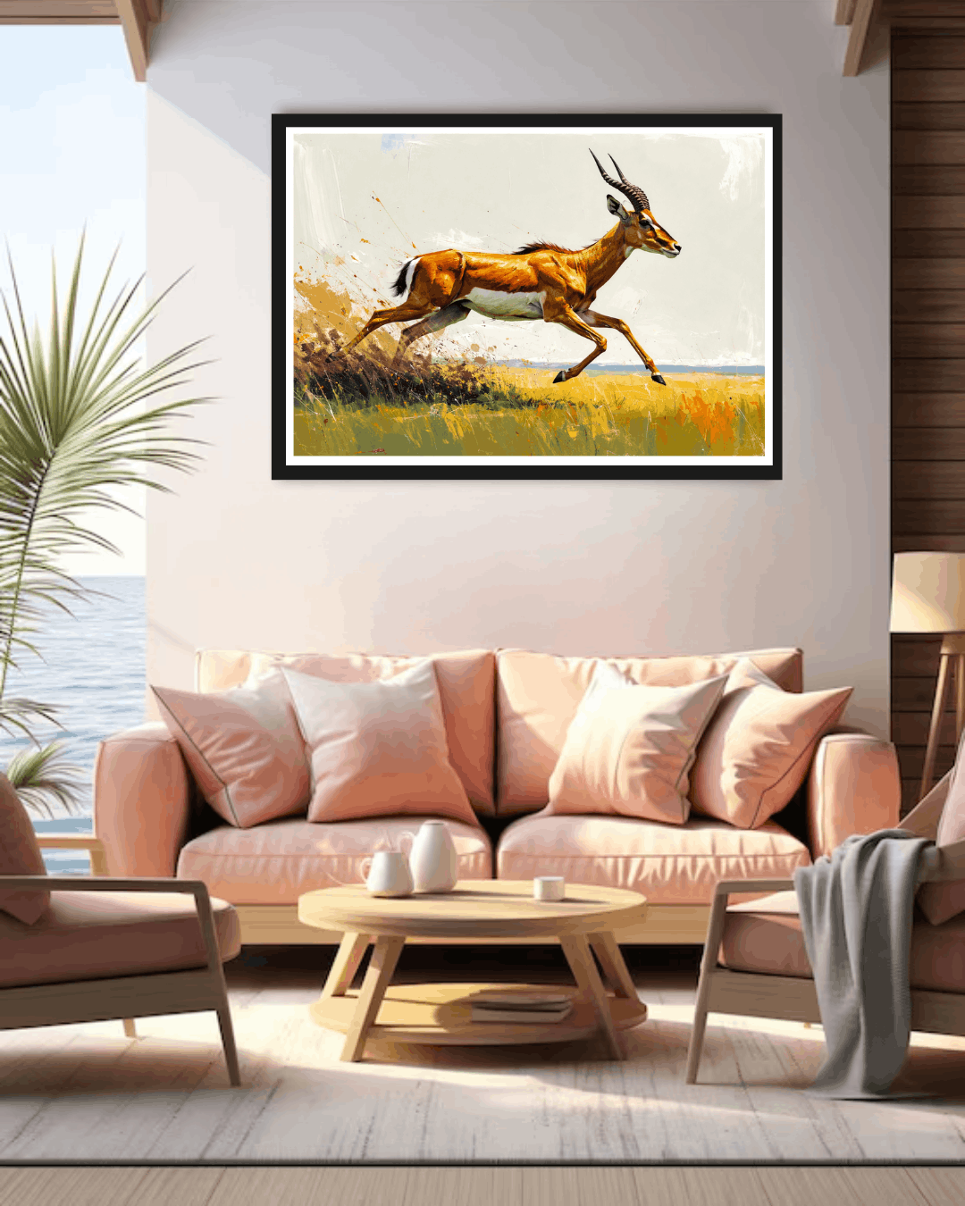 Living room with a painting of a running deer on the wall above a pink sofa.
