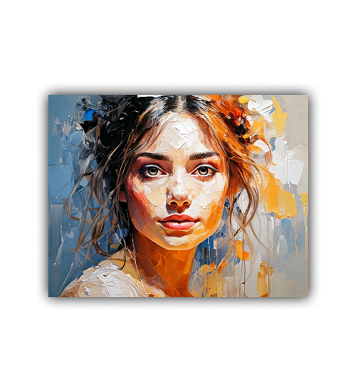Artistic portrait canvas displayed in a modern bedroom with warm lighting and décor accents.