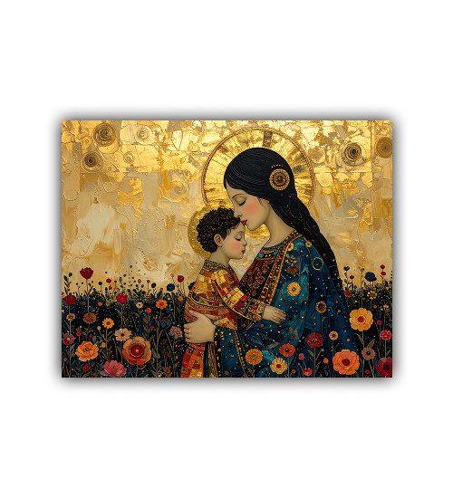 Artistic depiction of a woman holding a child with a floral background