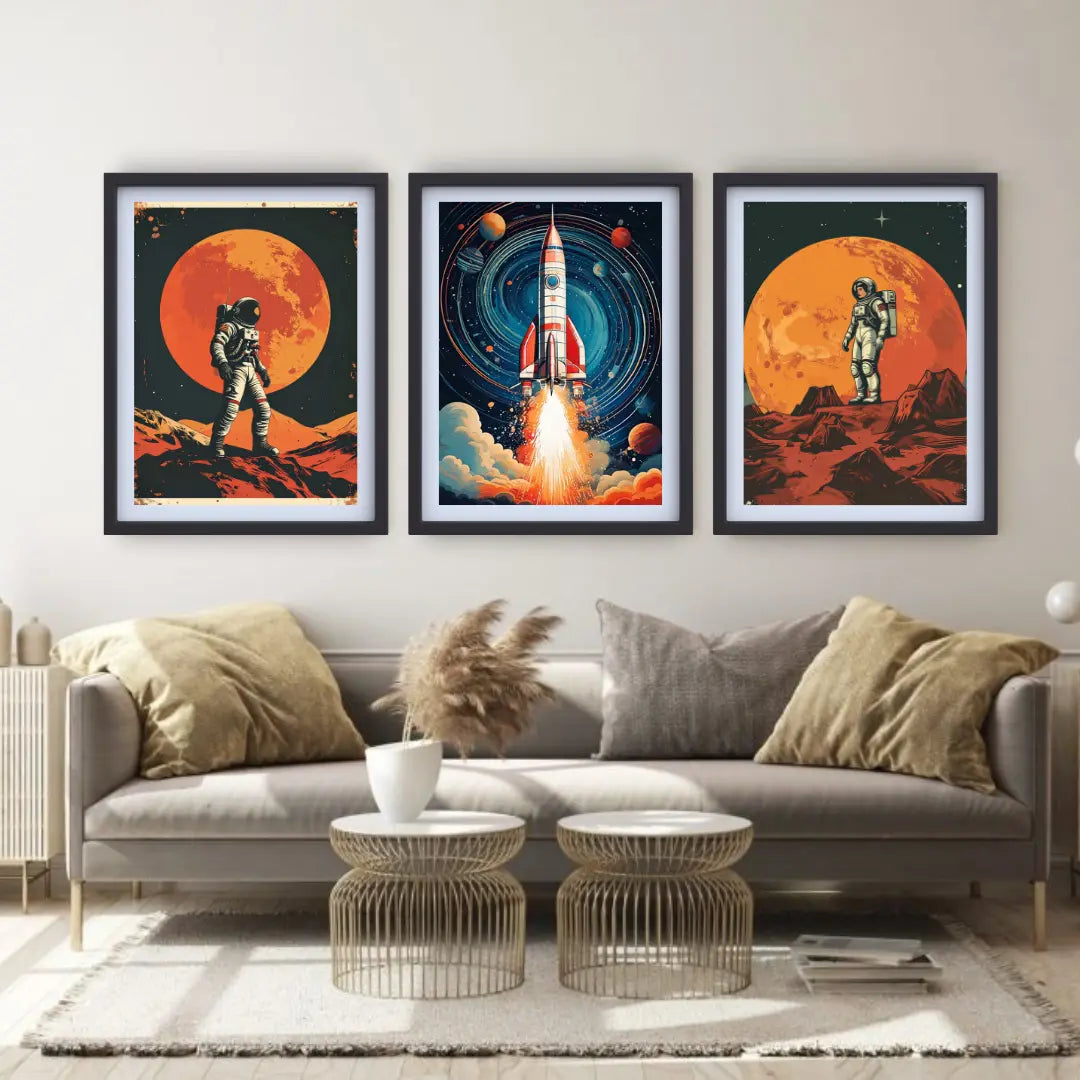 Astronaut and rocket space canvas wall art set

