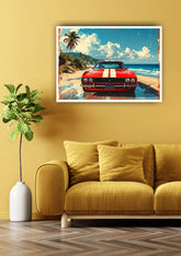 Retro red car tropical beach wall art canvas painting
