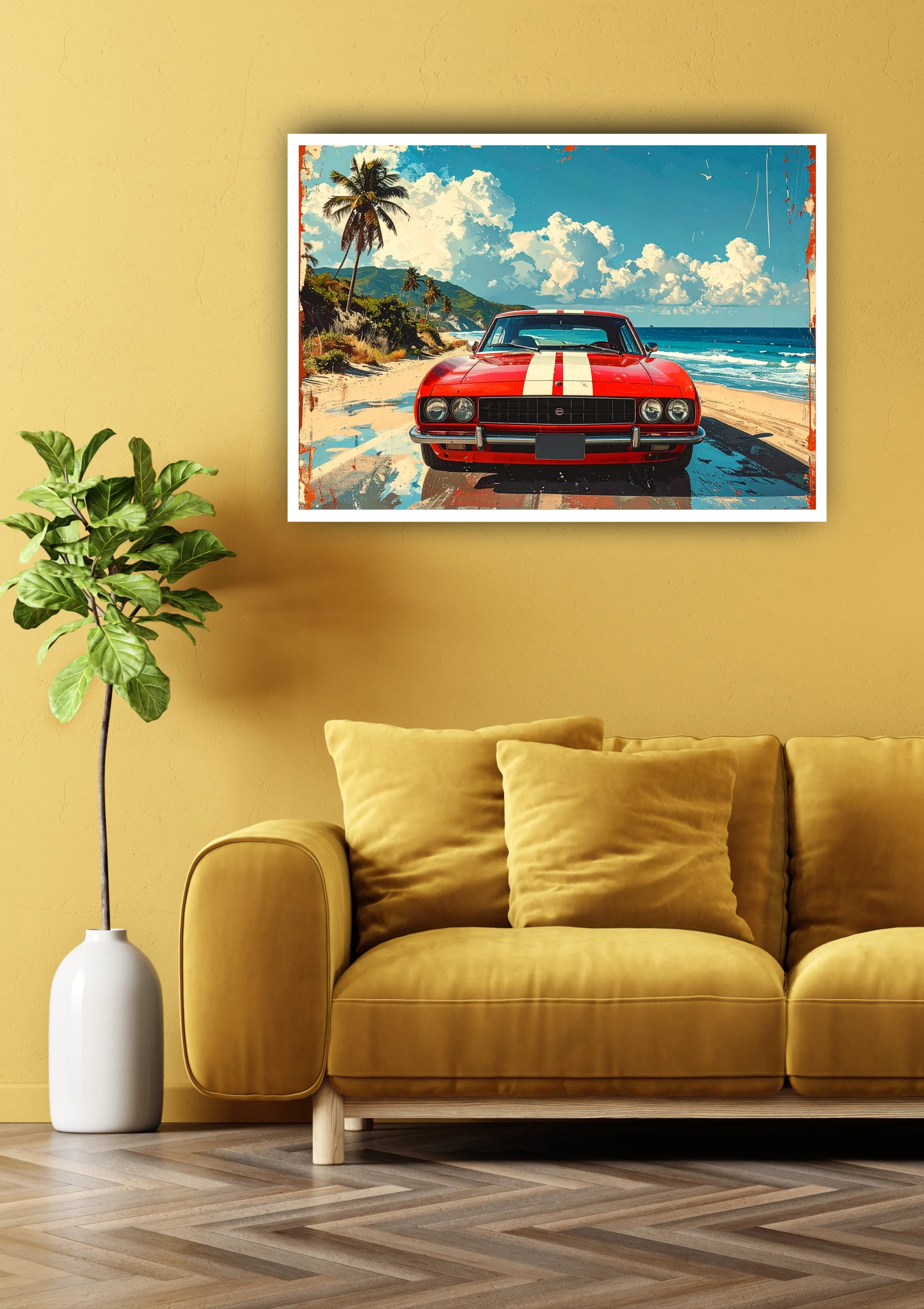 Retro red car tropical beach wall art canvas painting
