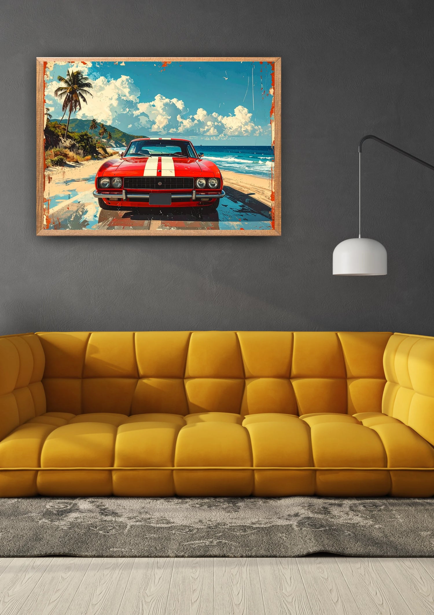 Vintage red car seaside canvas wall art painting
