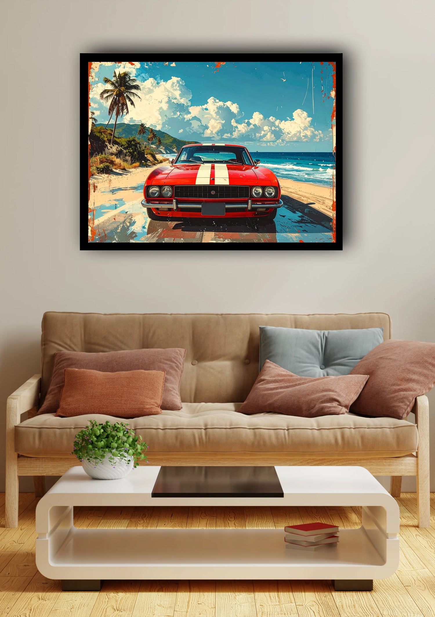 Classic red car beach road canvas wall art
