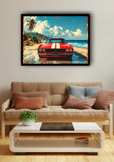 Classic red car beach road canvas wall art
