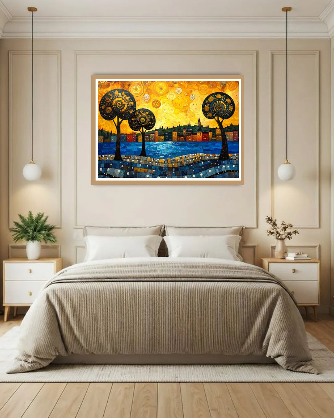 Bedroom with a large abstract painting above the bed