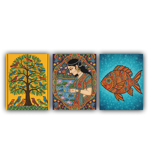 Three colorful artworks featuring a tree, a woman, and a fish on a white background.