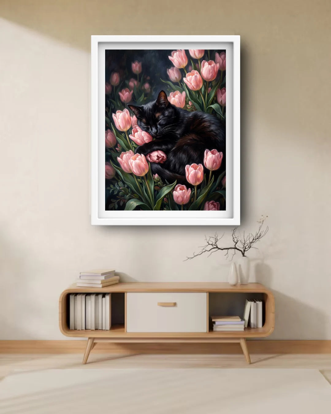 Black cat and pink tulip canvas wall art displayed above a cozy upholstered bench in a neutral minimalist room.