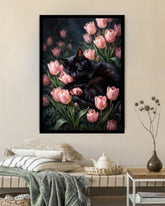 Black cat and pink tulip wall art displayed on a dark accent wall above a mustard-yellow sofa in a modern living room.