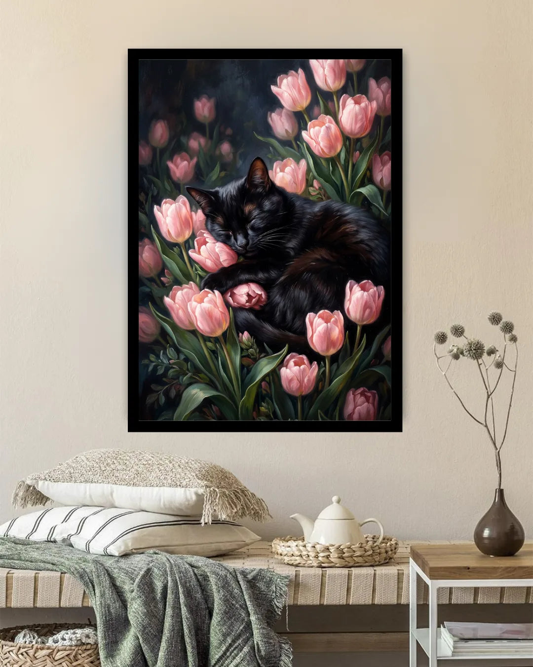 Black cat and pink tulip wall art displayed on a dark accent wall above a mustard-yellow sofa in a modern living room.