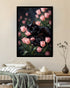 Black cat and pink tulip wall art displayed on a dark accent wall above a mustard-yellow sofa in a modern living room.