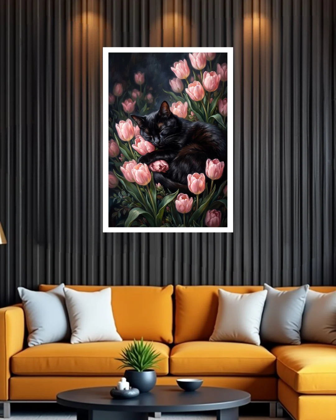 Black cat sleeping among pink tulip flowers, framed canvas wall art displayed in a stylish modern living room with a mustard-yellow sofa