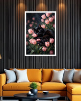 Black cat sleeping among pink tulip flowers, framed canvas wall art displayed in a stylish modern living room with a mustard-yellow sofa