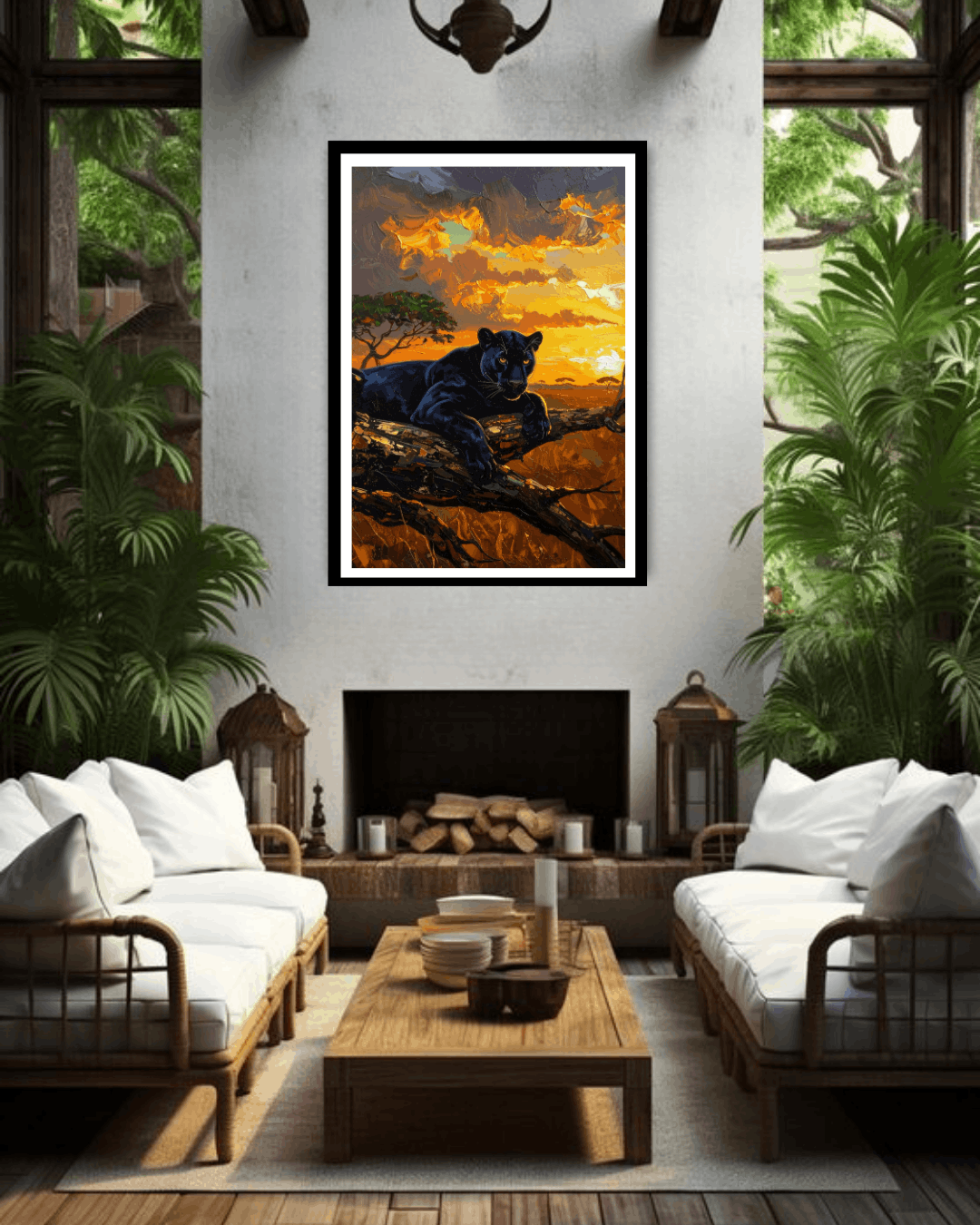 Living room with a painting of a panther on a tree branch, surrounded by plants and furniture.