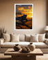 Living room with a couch, coffee table, and wall art of a panther at sunset.