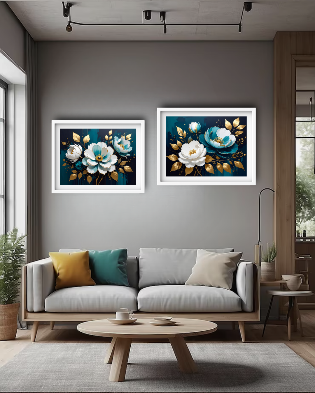 A modern living room setting featuring two square framed floral paintings with white and blue flowers on a dark teal background, hung symmetrically above a light gray sofa.