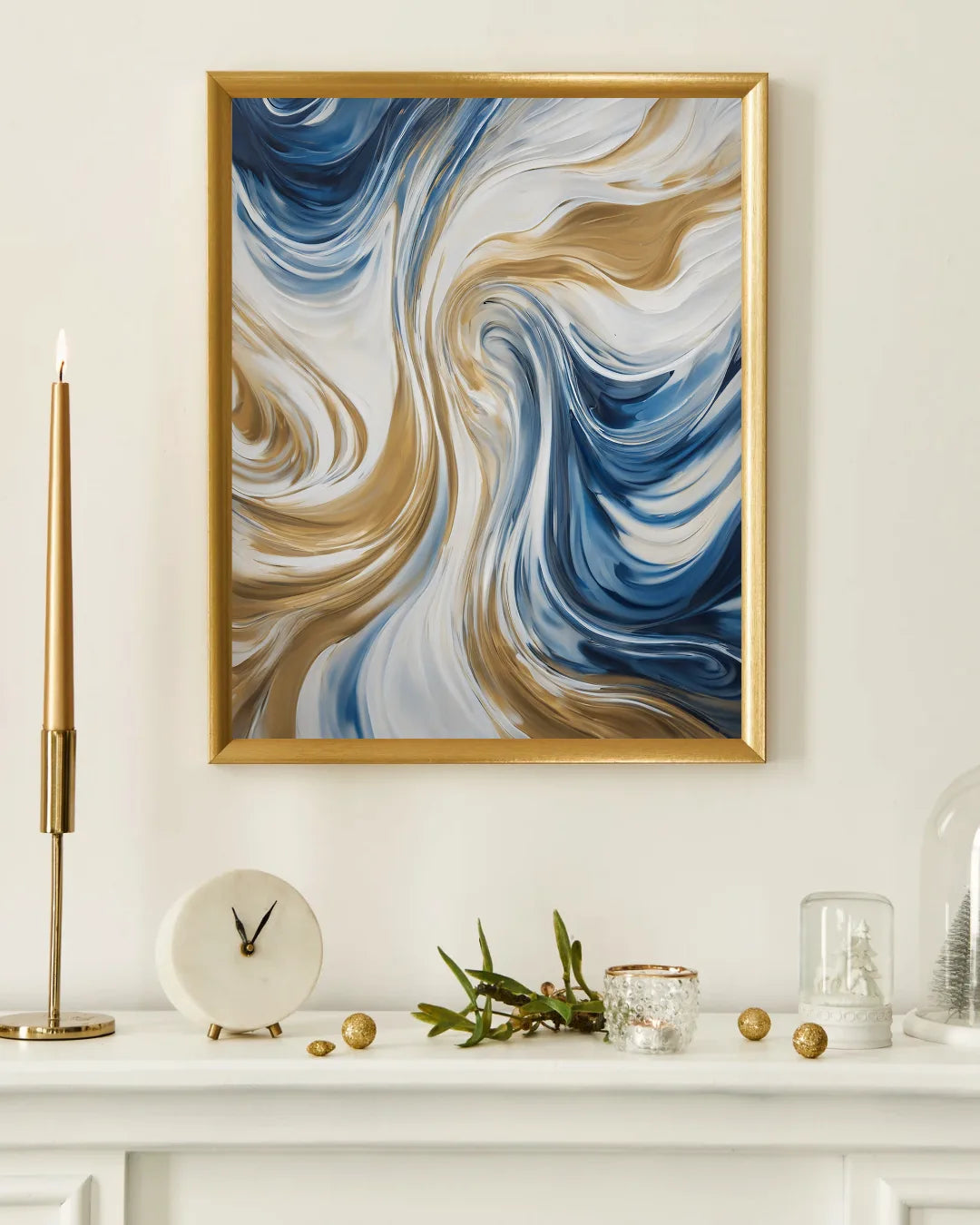 Blue and gold abstract canvas painting displayed above a white mantel with décor accents.