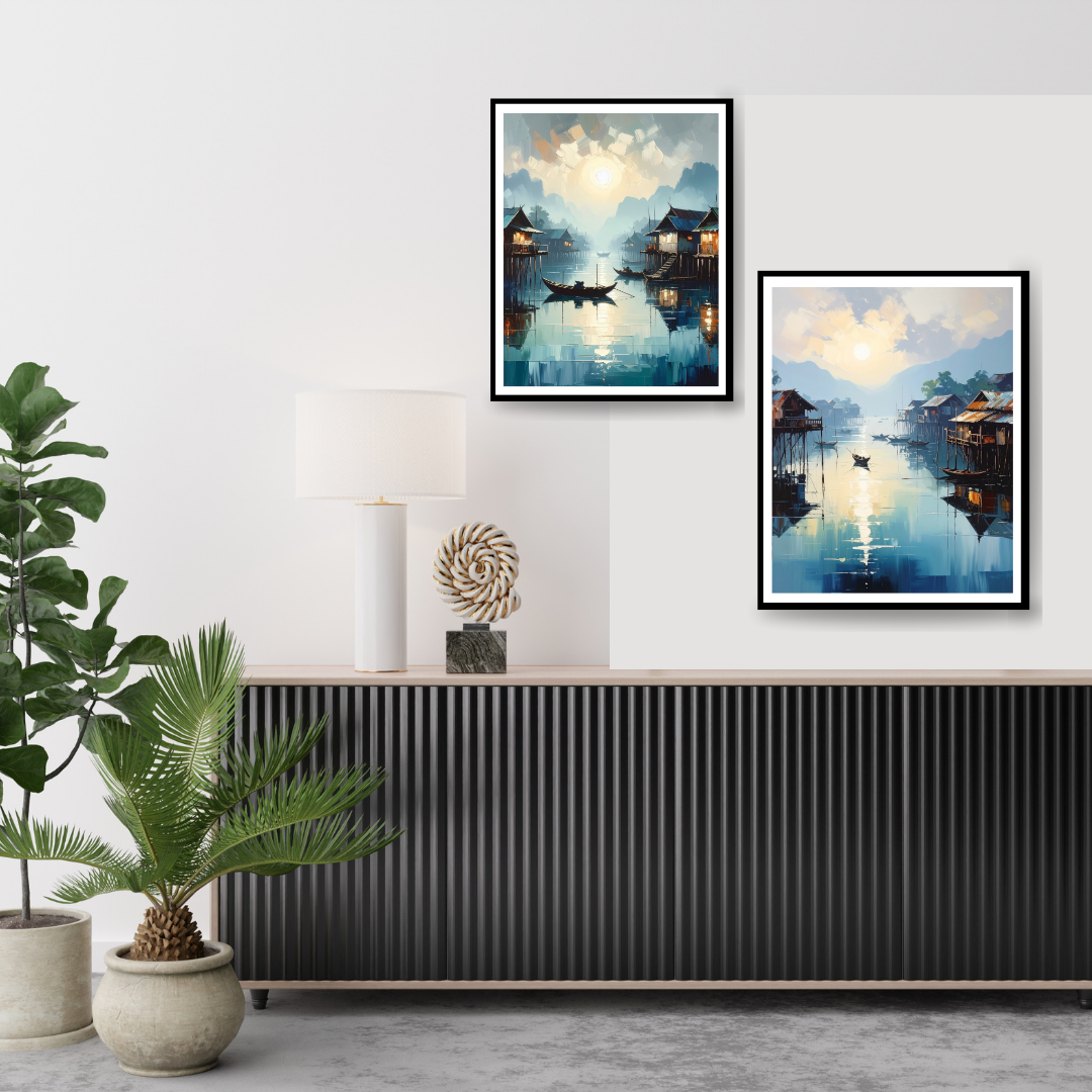 Blue tone nature canvas painting for modern interiors