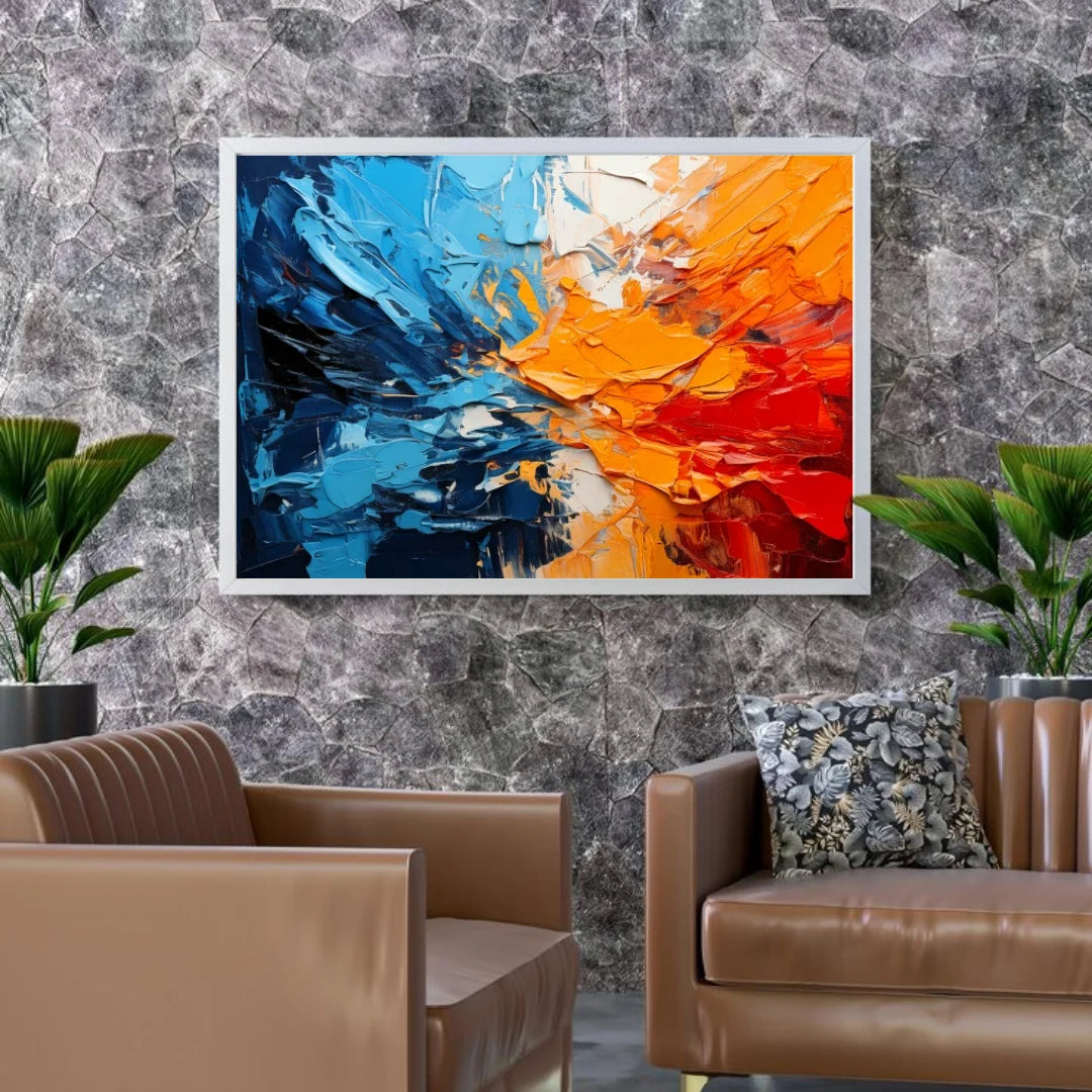 Blue orange abstract canvas painting hanging above a leather sofa in a modern living room interior.