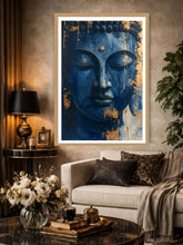 Blue meditation face wall art canvas above sofa