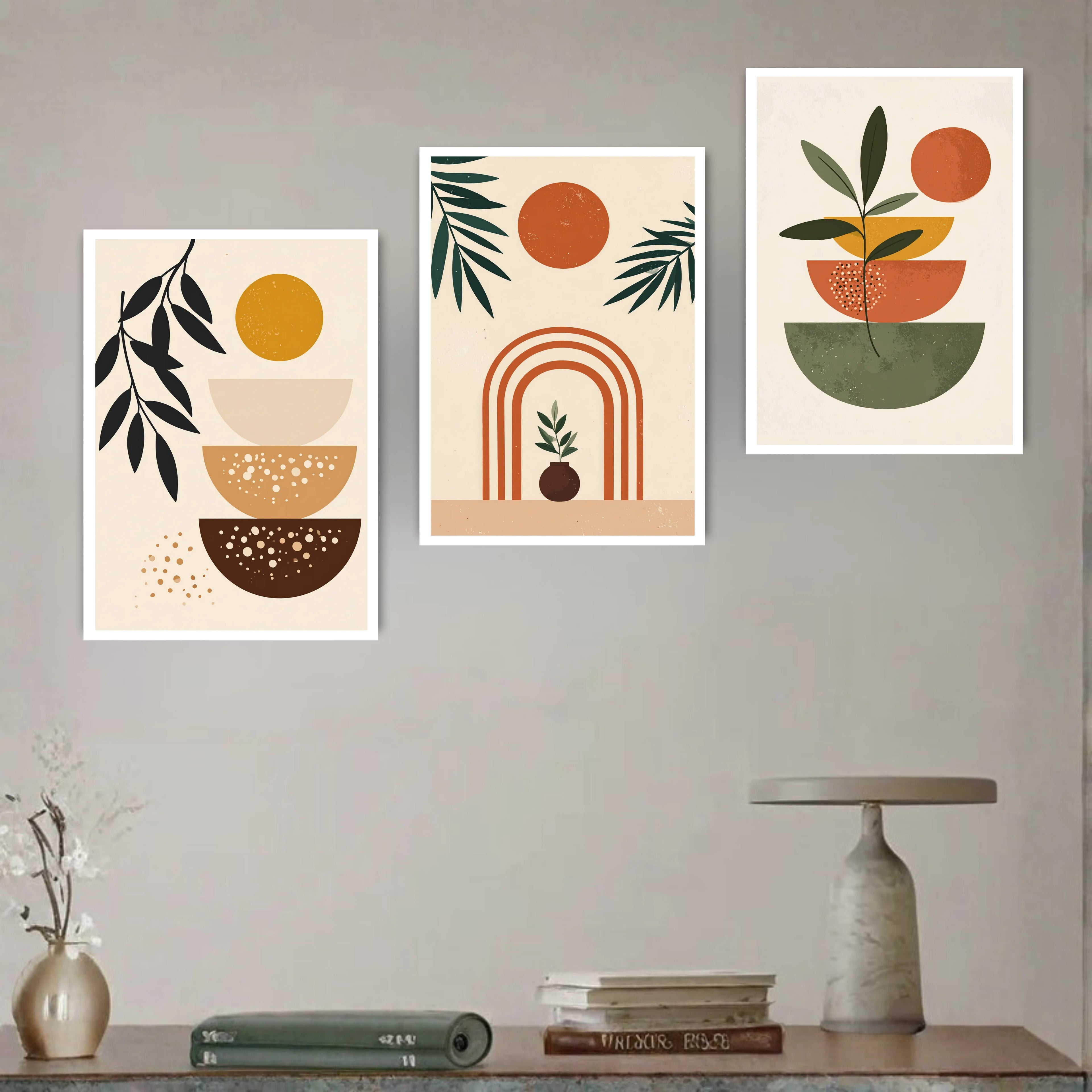 Boho botanical abstract canvas wall art set of 3 in modern interior