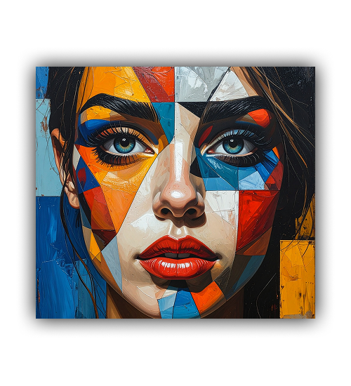 Bold abstract portrait artwork showing colorful geometric face details on a framed canvas.