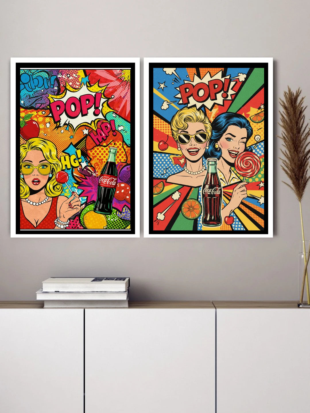 Bright pop art portrait canvas wall art set of 2