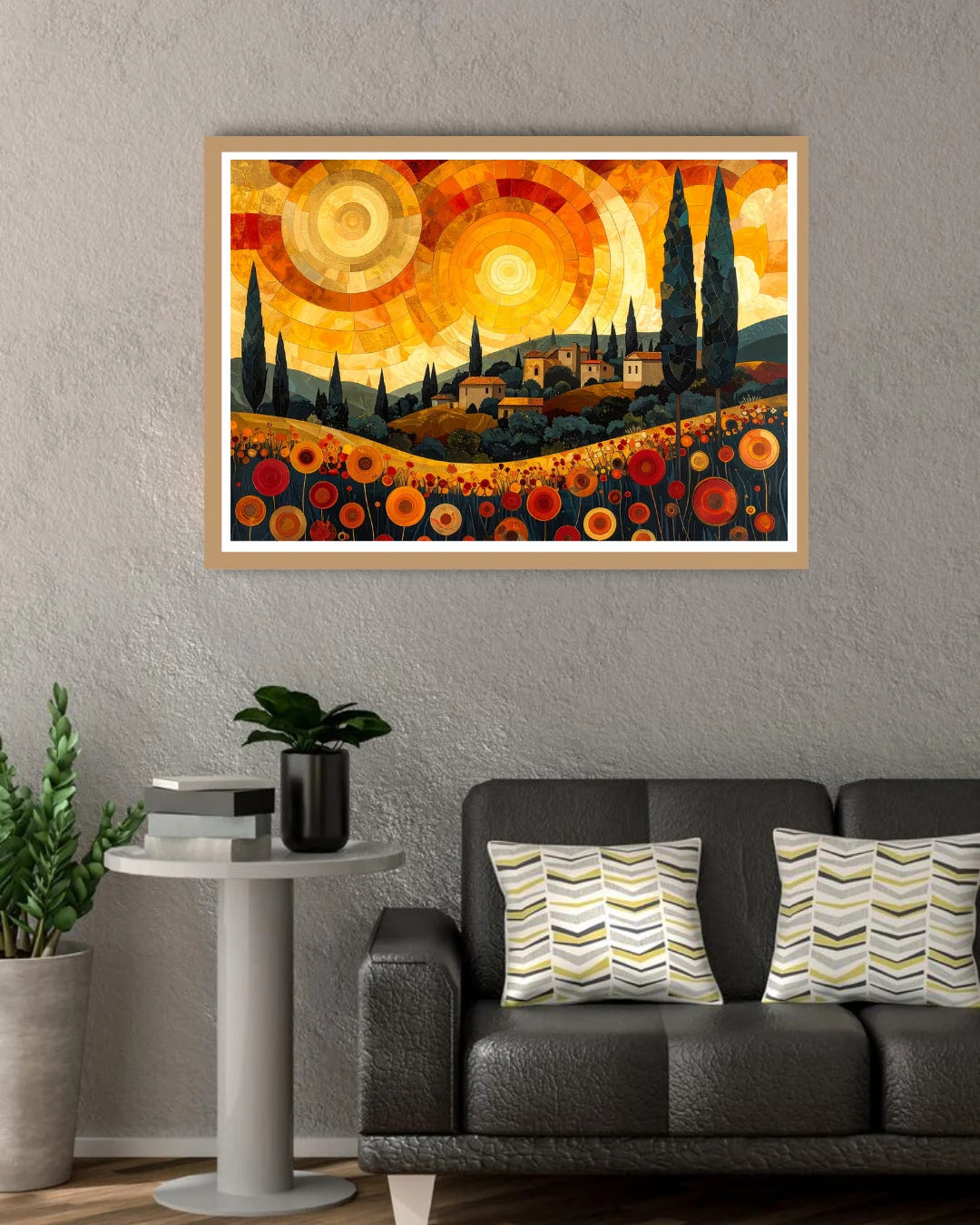 City sunset wall art canvas above sofa