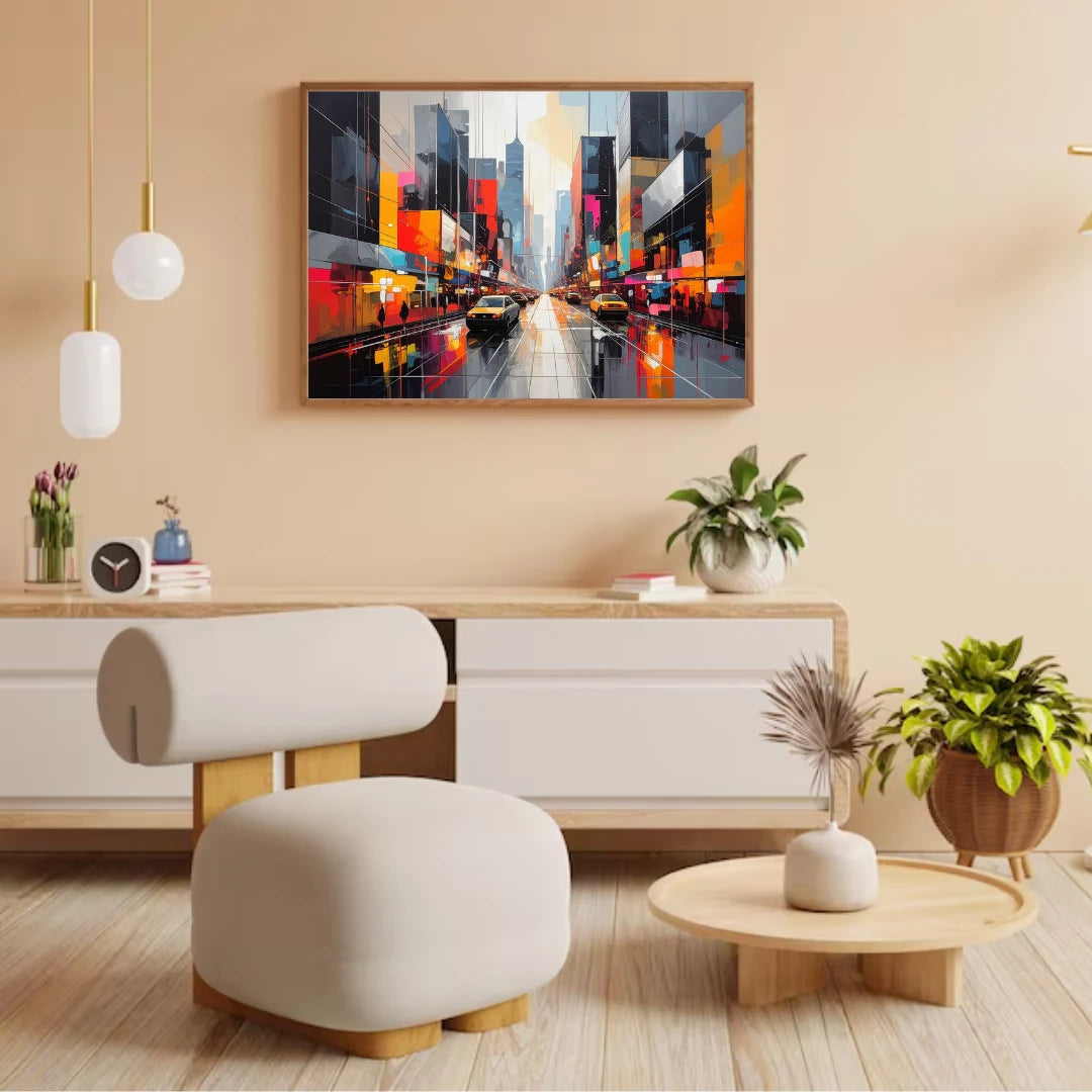 Abstract colorful cityscape canvas painting displayed in a modern living room setup.