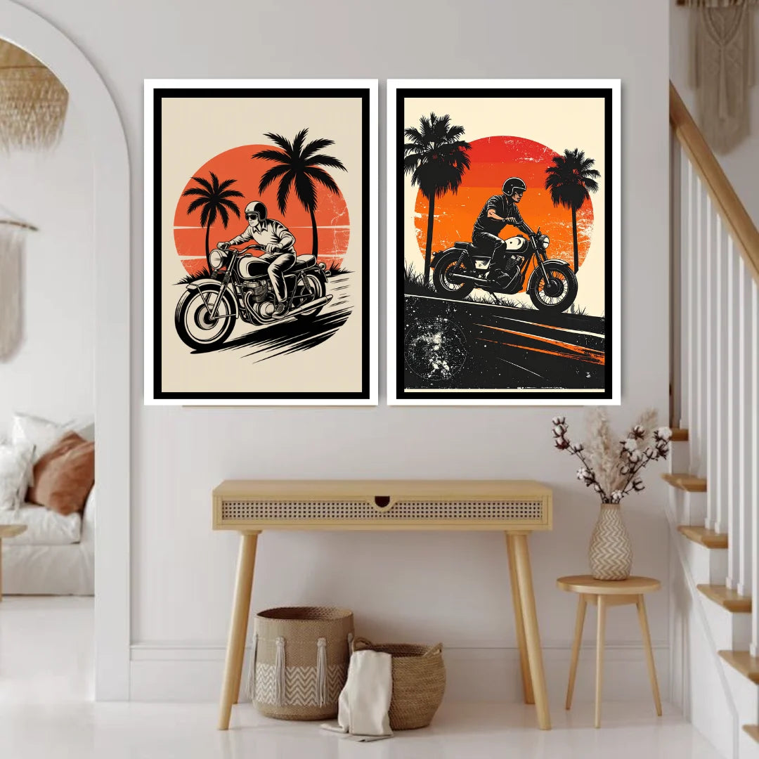 Classic motorcycle tropical sunset canvas wall art
