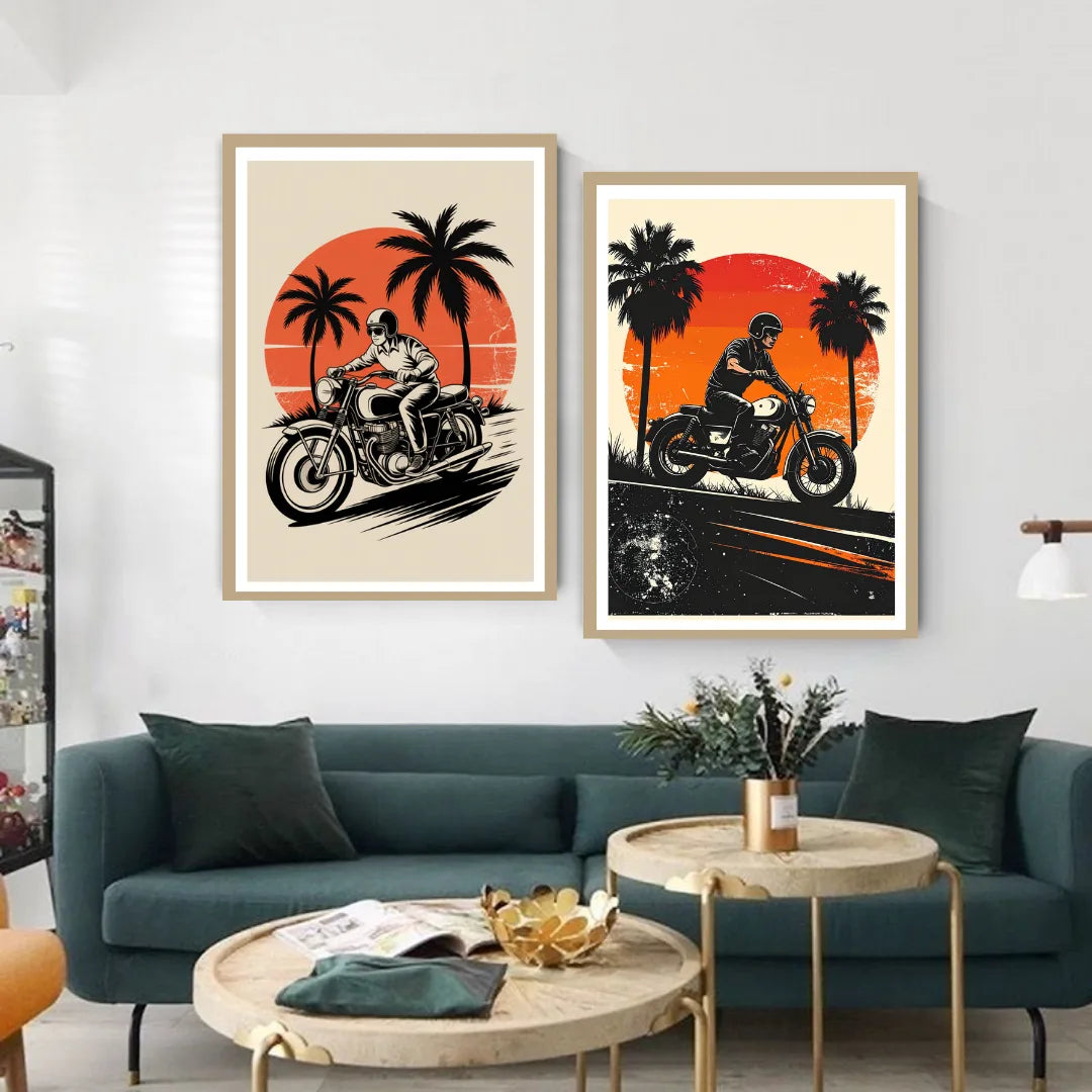 Retro motorcycle sunset wall art canvas painting set
