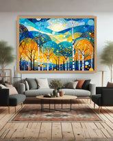 Blue and Gold Forest Landscape Canvas Wall Art for Elegant Home Decoration