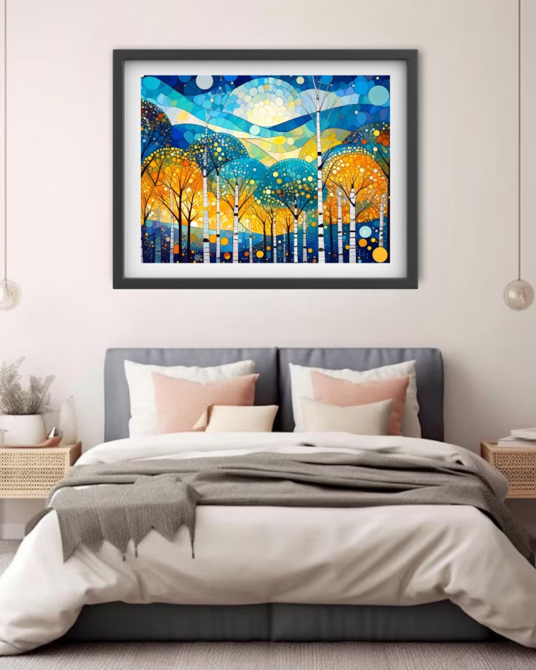 A framed abstract landscape art print featuring stylized trees and a glowing moon in blue, yellow, and orange tones, displayed on a light beige wall above a modern bed with gray and pink bedding.