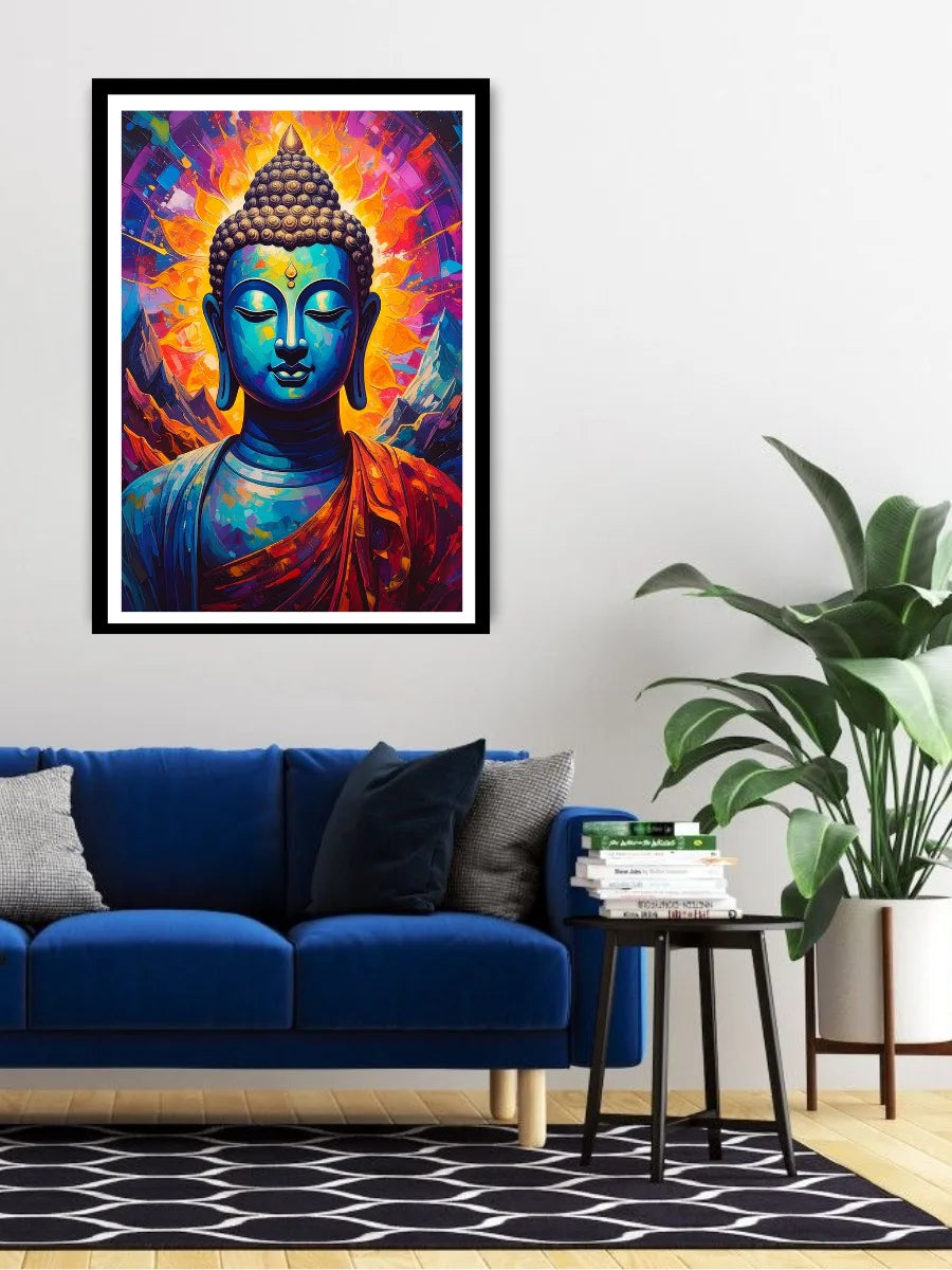 Colorful Buddha painting on a wall above a blue sofa in a living room.