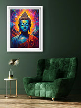 Colorful Buddha painting on a dark green wall above a green armchair.