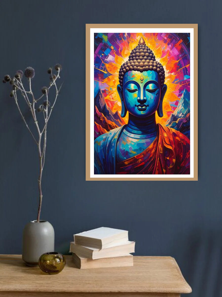 Colorful Buddha painting on a wall above a wooden table with books and a vase.