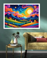 Whimsical Mountain Village Canvas Wall Art with Colorful Sky for Home Decor